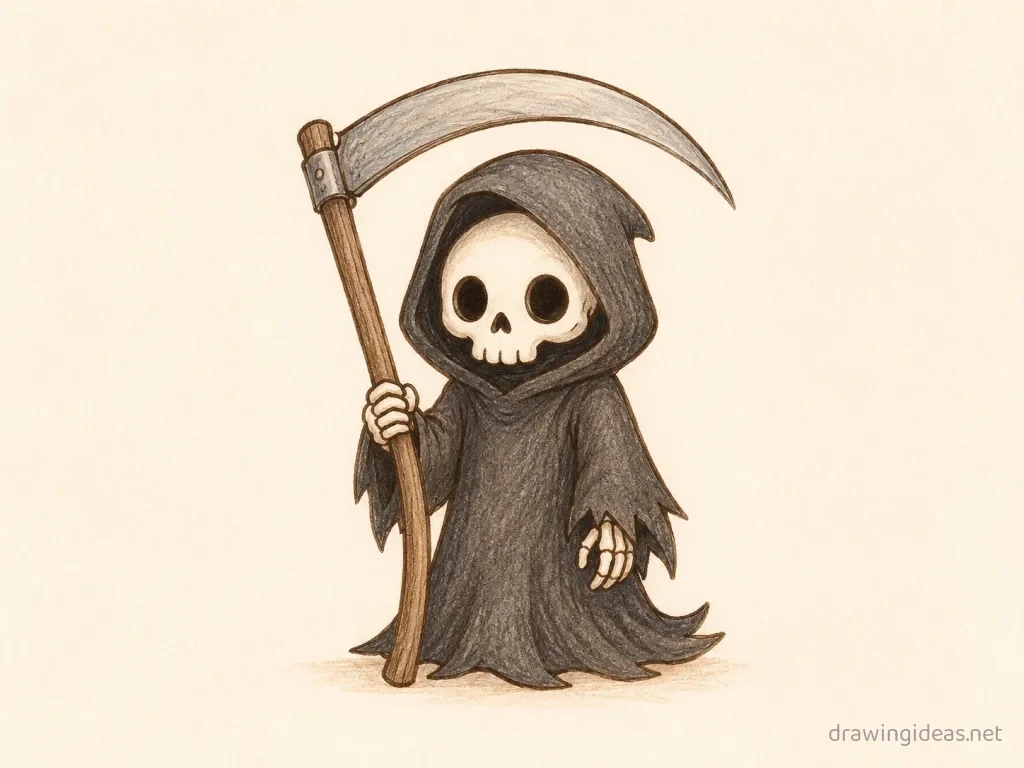 Death drawing — hand-drawn death illustration with ink lines and soft colors