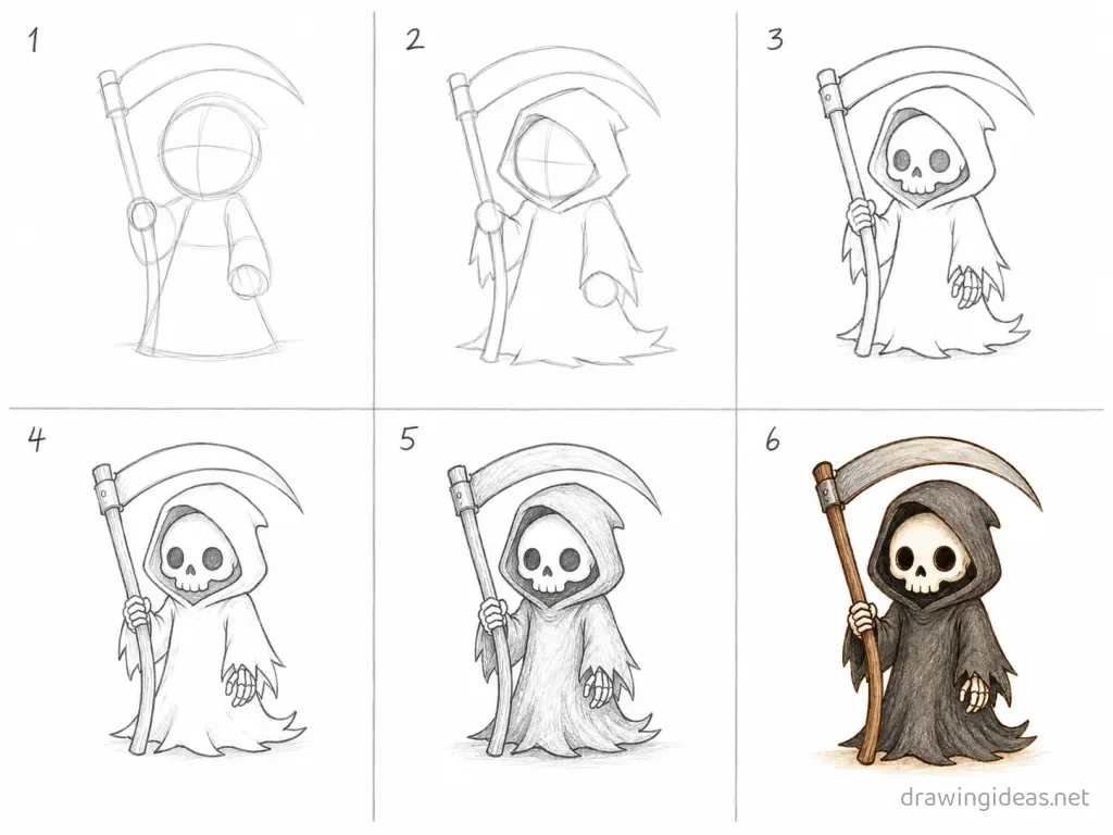 How to draw death step by step — 6-step death drawing tutorial grid