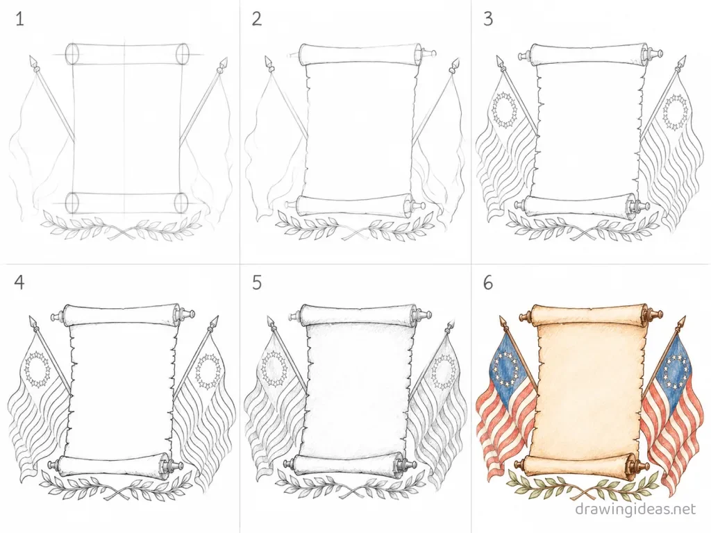How to draw the Declaration of Independence step by step — 6-step Declaration of Independence drawing tutorial grid