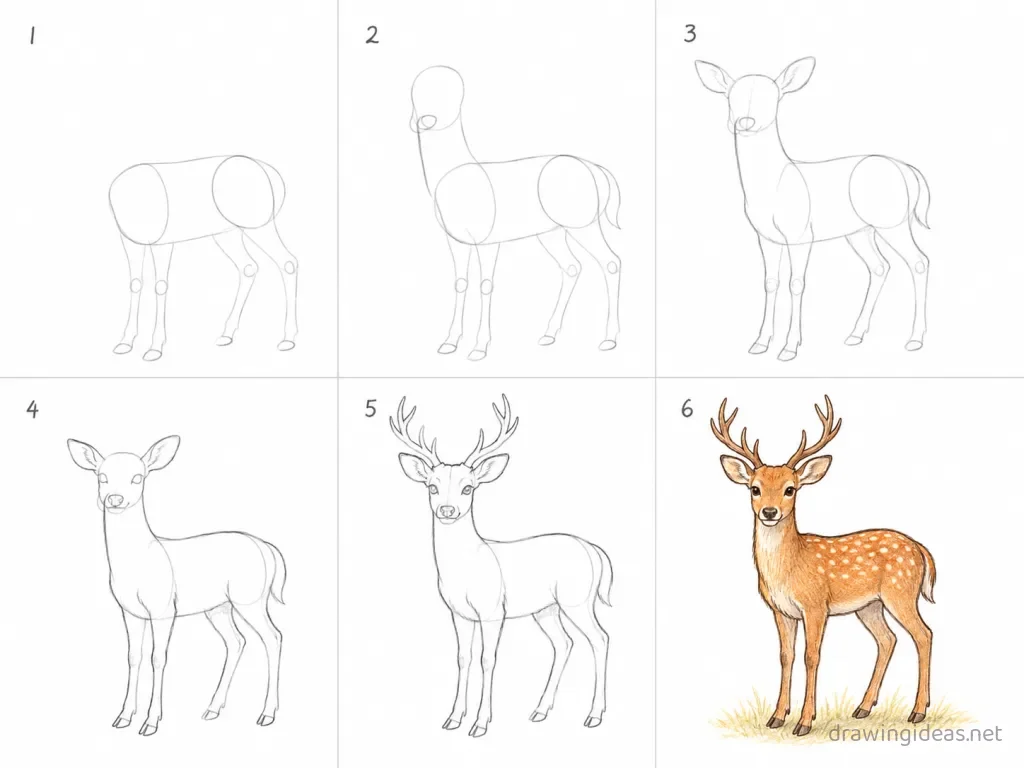 How to draw a deer step by step — 6-step deer drawing tutorial grid