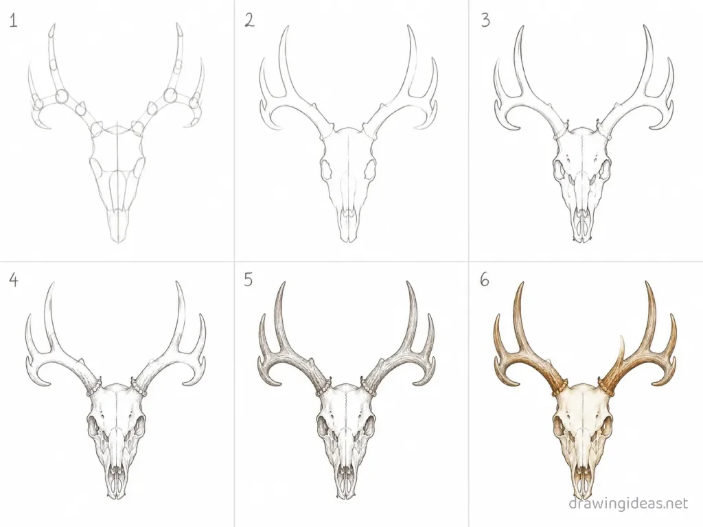 How to draw a deer skull step by step — 6-step deer skull drawing tutorial grid