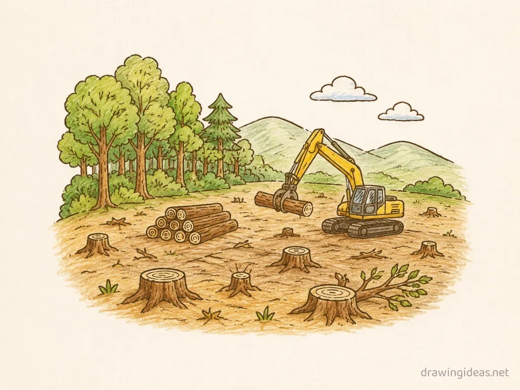 Deforestation drawing — hand-drawn deforestation illustration with ink lines and soft colors