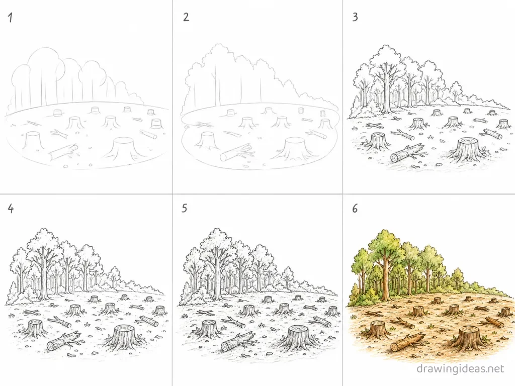 How to draw deforestation step by step — 6-step deforestation drawing tutorial grid
