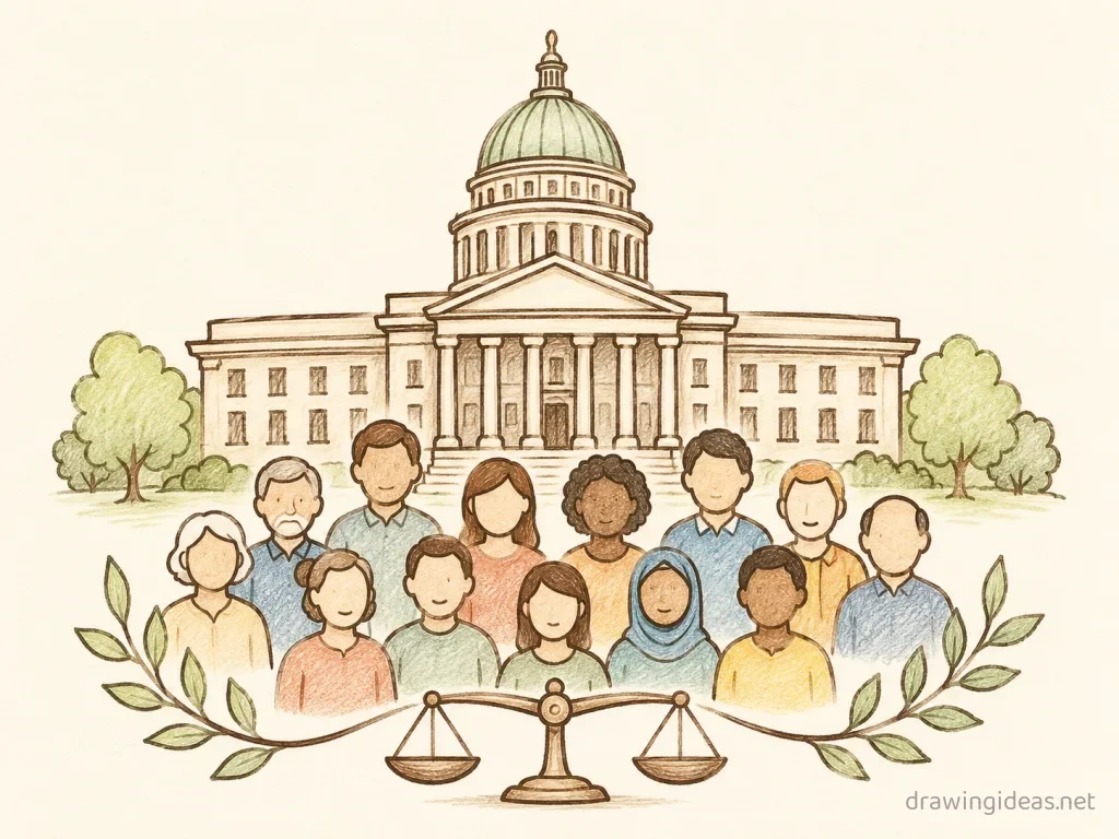 Democracy drawing — hand-drawn democracy illustration with ink lines and soft colors