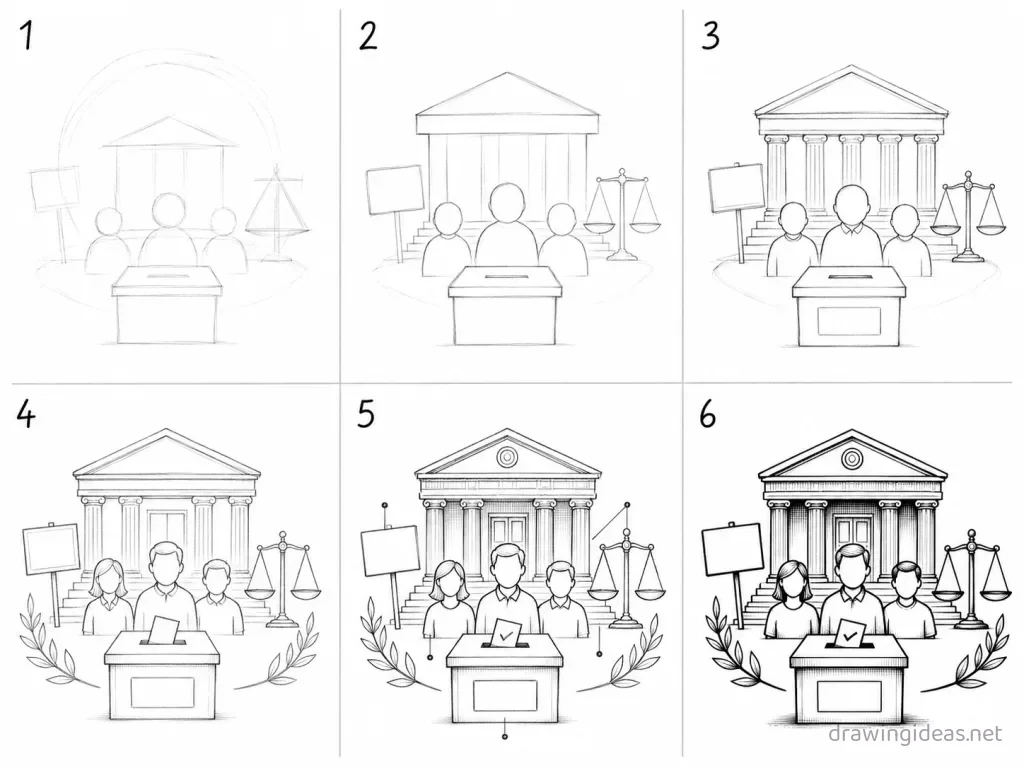 How to draw democracy step by step — 6-step democracy drawing tutorial grid