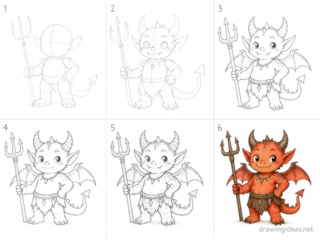 How to draw a demon step by step — 6-step demon drawing tutorial grid