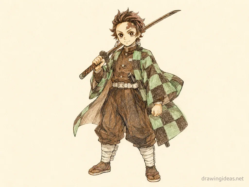 Demon Slayer drawing — hand-drawn Demon Slayer illustration with ink lines and soft colors