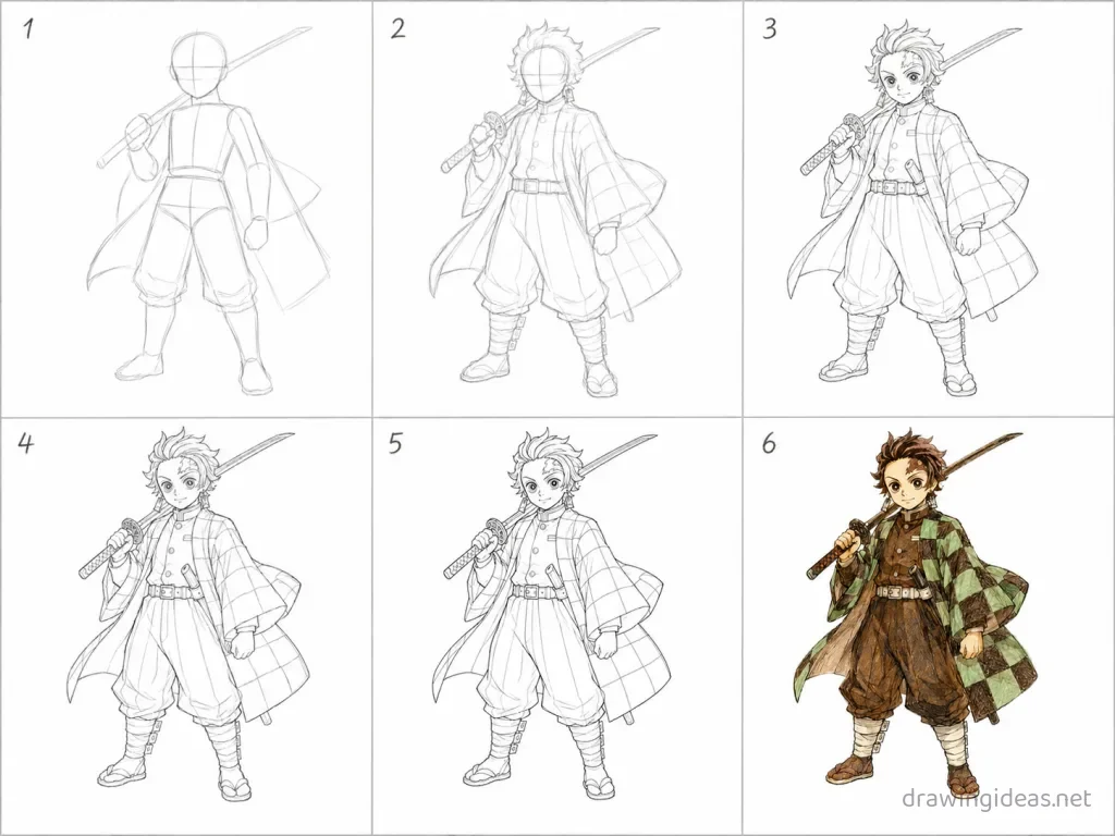 How to draw Demon Slayer step by step — 6-step Demon Slayer drawing tutorial grid
