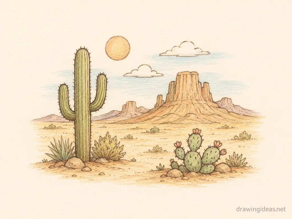 Desert drawing — hand-drawn desert illustration with ink lines and soft colors