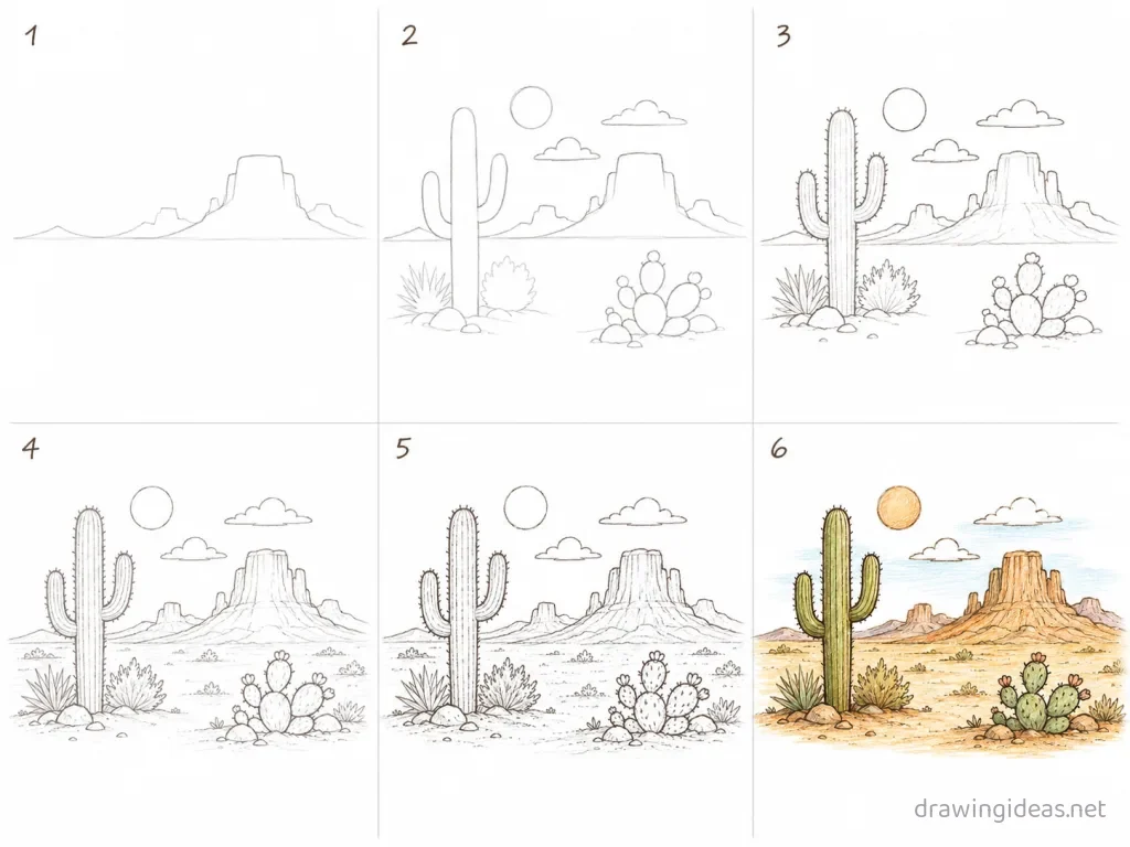 How to draw a desert step by step — 6-step desert drawing tutorial grid