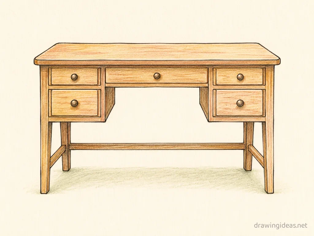 Desk drawing — hand-drawn desk illustration with ink lines and soft colors