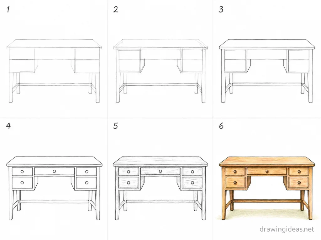 How to draw a desk step by step — 6-step desk drawing tutorial grid