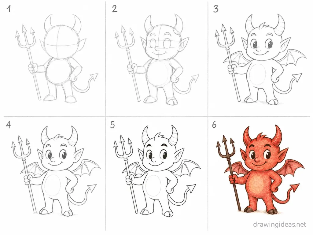 How to draw a devil step by step — 6-step devil drawing tutorial grid