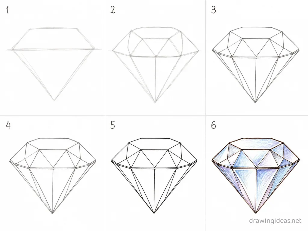 How to draw a diamond step by step — 6-step diamond drawing tutorial grid
