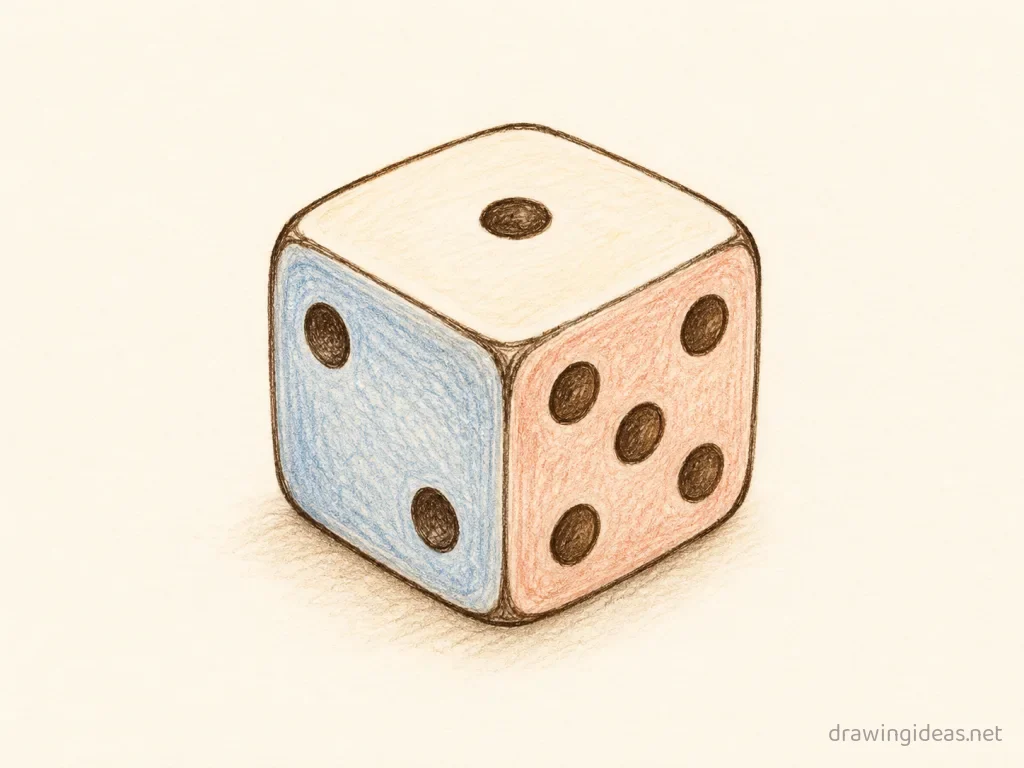 Dice drawing — hand-drawn dice illustration with ink lines and soft colors