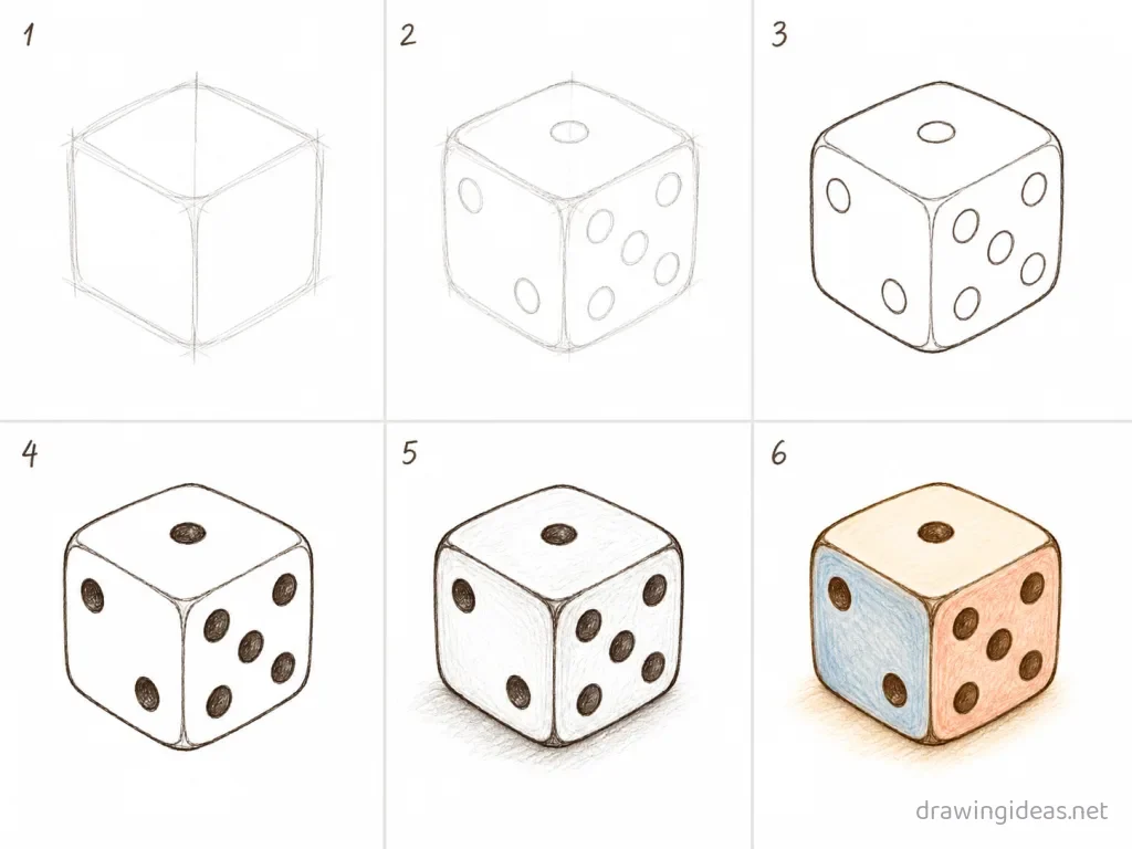 How to draw a dice step by step — 6-step dice drawing tutorial grid