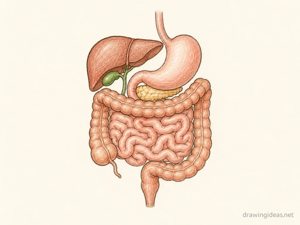Digestive System drawing — hand-drawn Digestive System illustration with ink lines and soft colors