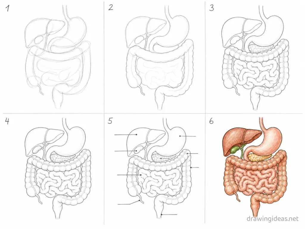 How to draw the Digestive System step by step — 6-step Digestive System drawing tutorial grid