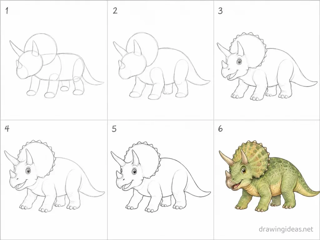 How to draw a dinosaur step by step — 6-step dinosaur drawing tutorial grid