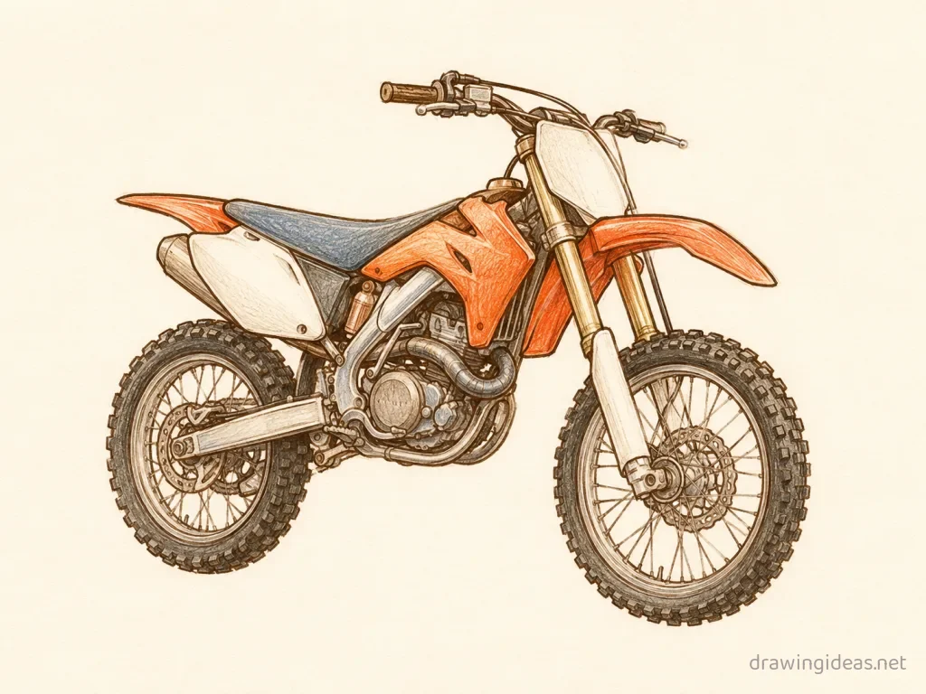 Dirt Bike drawing ā hand-drawn dirt bike illustration with ink lines and soft colors