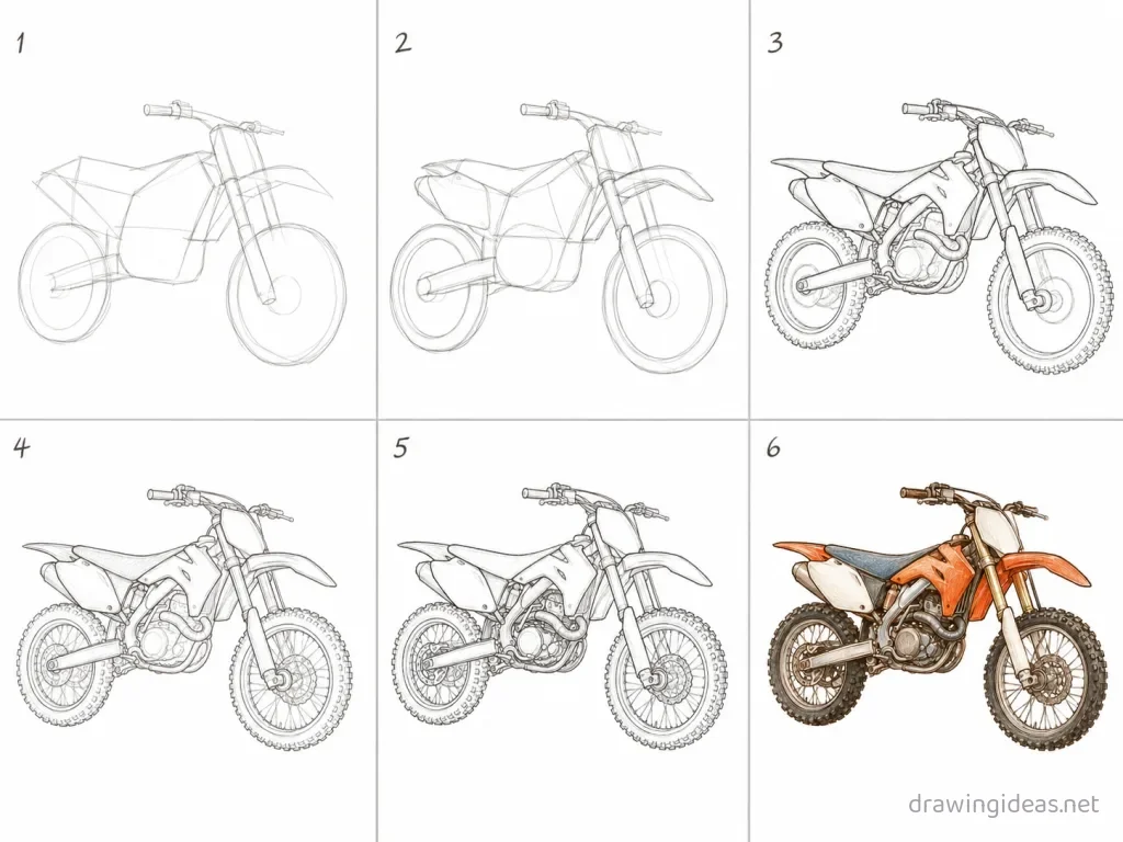 How to draw a dirt bike step by step — 6-step dirt bike drawing tutorial grid