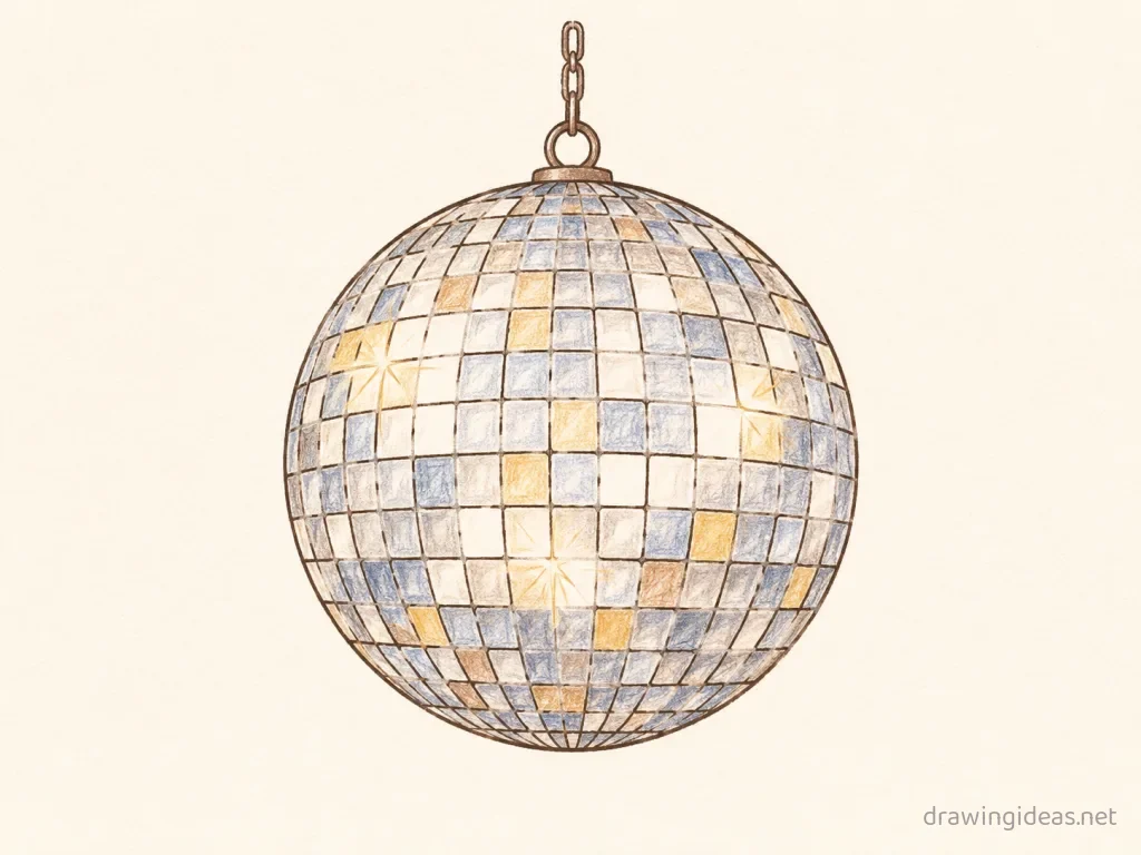 Disco Ball drawing — hand-drawn disco ball illustration with ink lines and soft colors
