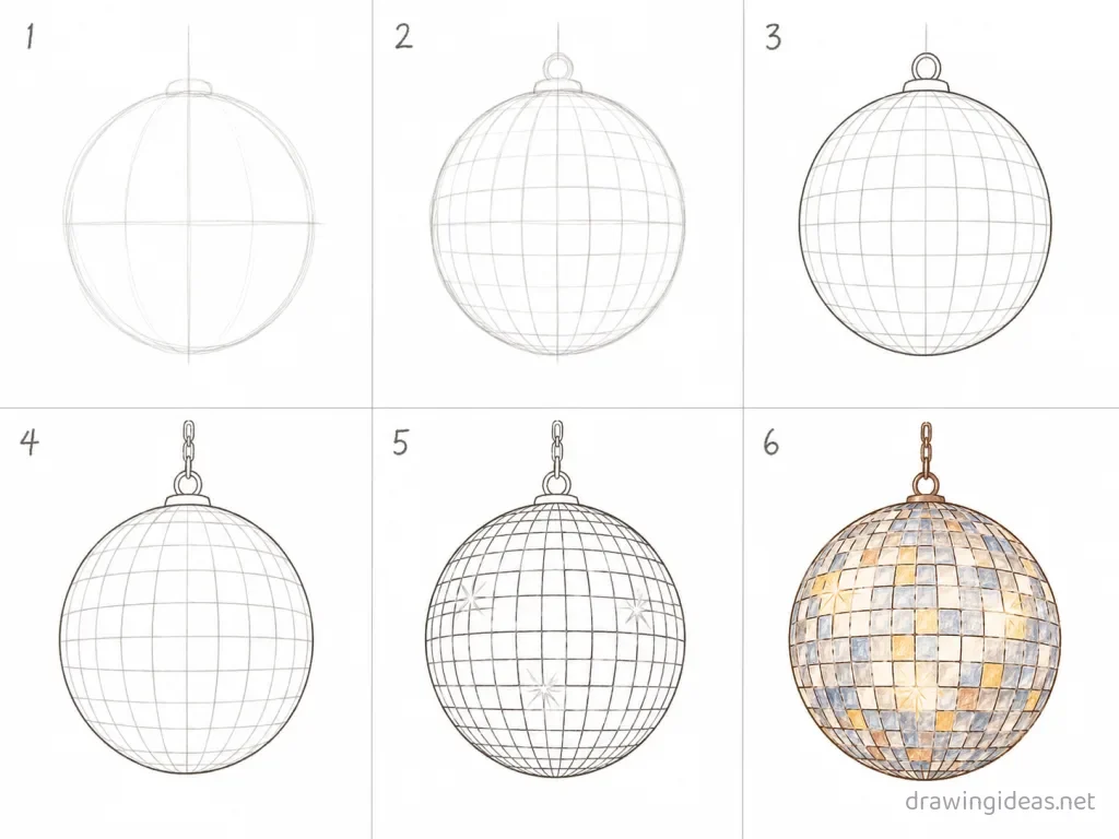 How to draw a disco ball step by step — 6-step disco ball drawing tutorial grid