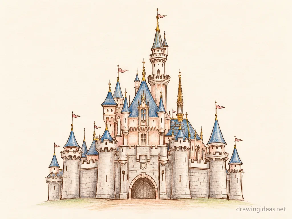 Disney Castle drawing — hand-drawn Disney castle illustration with ink lines and soft colors