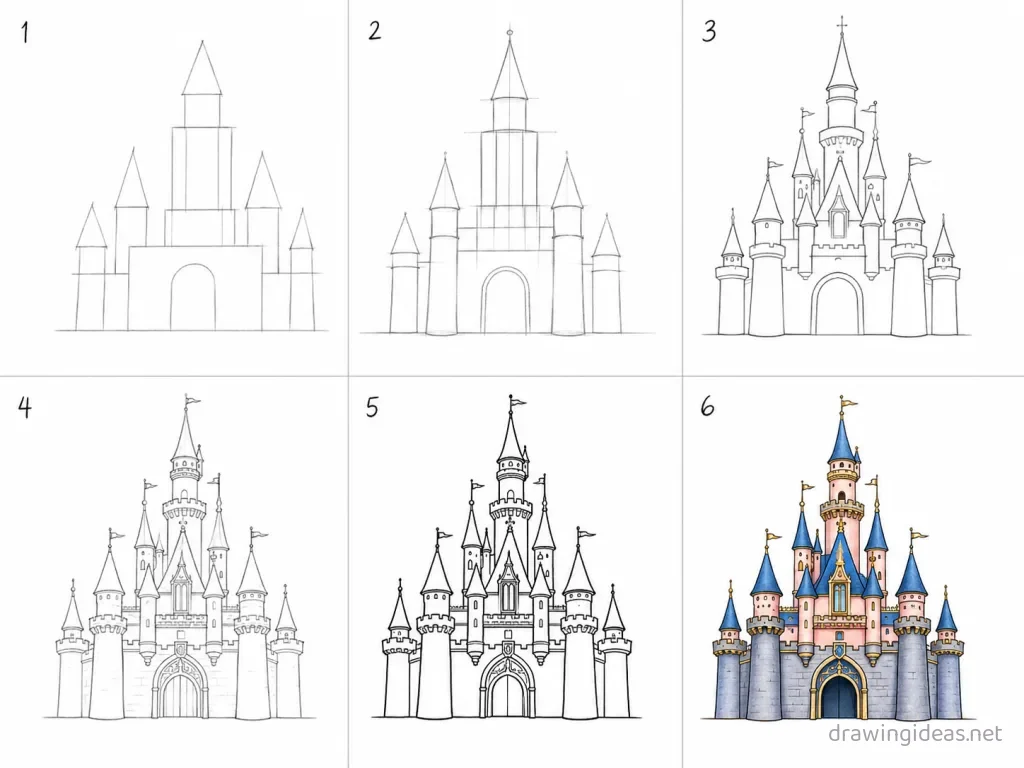How to draw a Disney castle step by step — 6-step Disney castle drawing tutorial grid