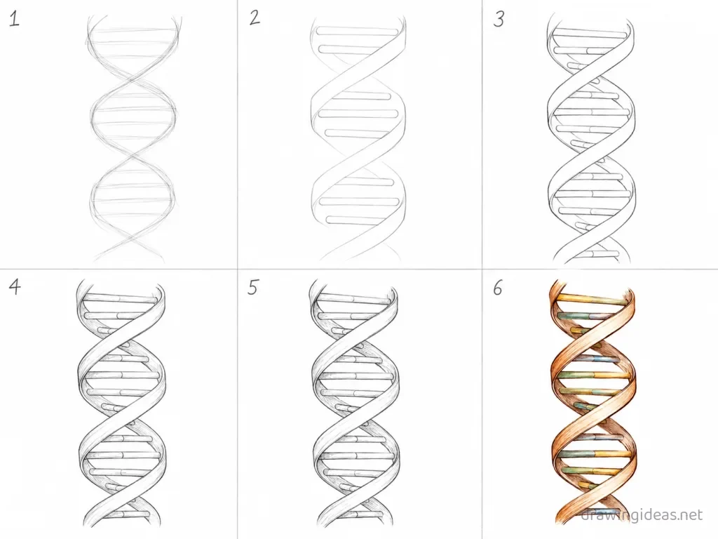 How to draw a DNA double helix step by step — 6-step dna drawing tutorial grid
