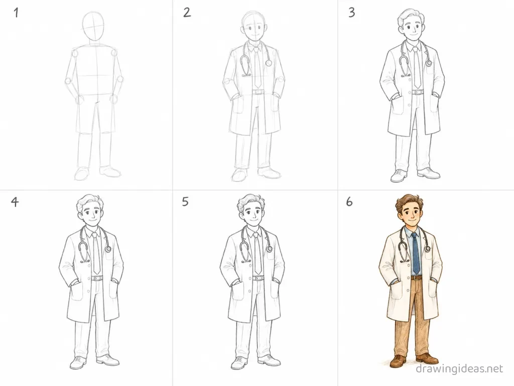 How to draw a doctor step by step — 6-step doctor drawing tutorial grid