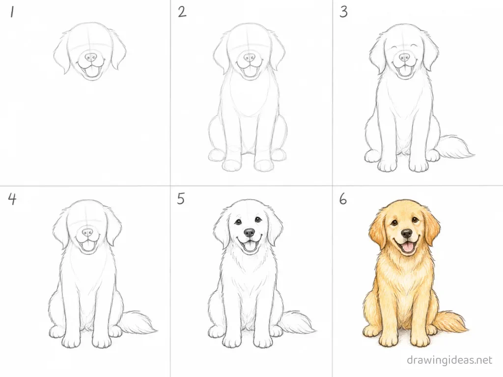 How to draw a dog step by step — 6-step dog drawing tutorial grid