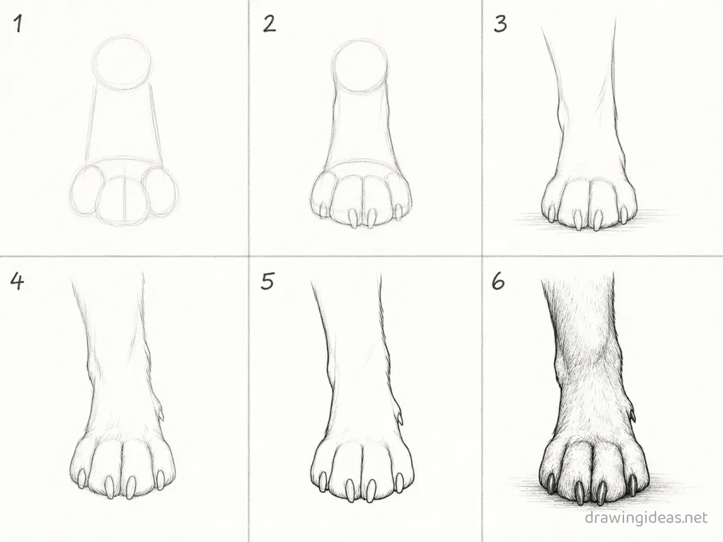 How to draw a dog paw step by step — 6-step dog paw drawing tutorial grid