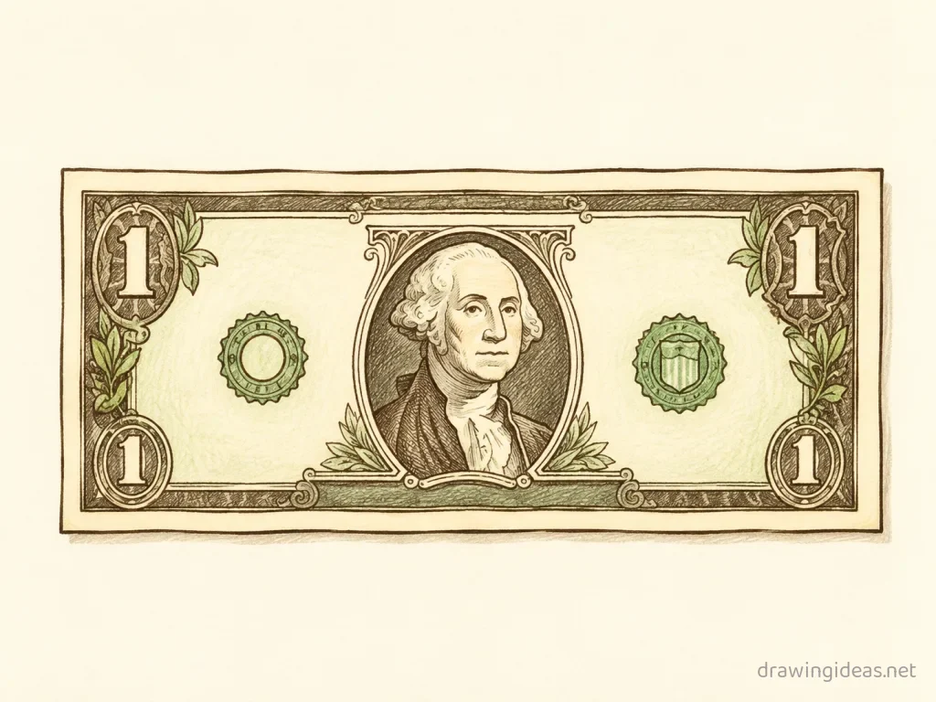Dollar Bill drawing — hand-drawn dollar bill illustration with ink lines and soft colors