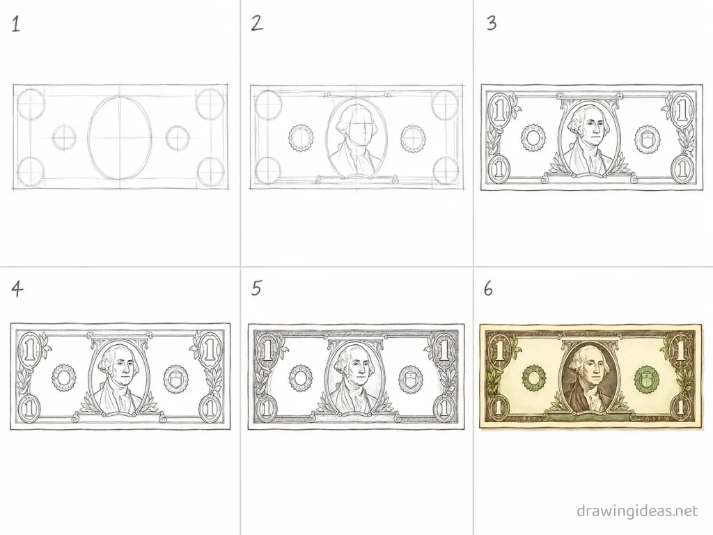 How to draw a dollar bill step by step — 6-step dollar bill drawing tutorial grid