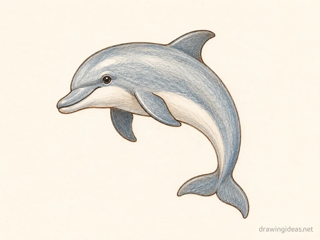 Dolphin drawing — hand-drawn dolphin illustration with ink lines and soft colors
