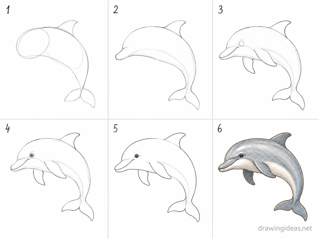 How to draw a dolphin step by step — 6-step dolphin drawing tutorial grid