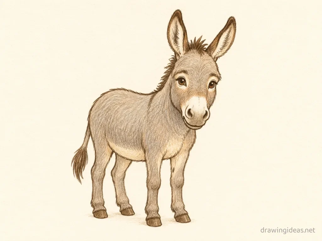 Donkey drawing — hand-drawn donkey illustration with ink lines and soft colors
