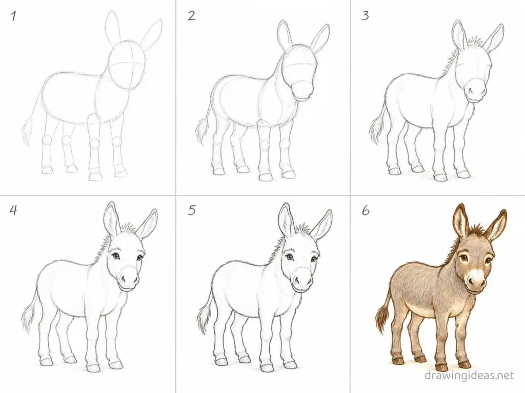 How to draw a donkey step by step — 6-step donkey drawing tutorial grid