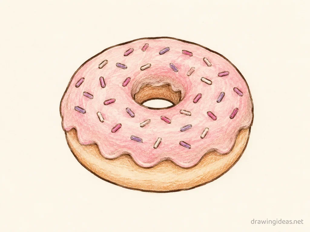 Donut drawing — hand-drawn donut illustration with ink lines and soft colors