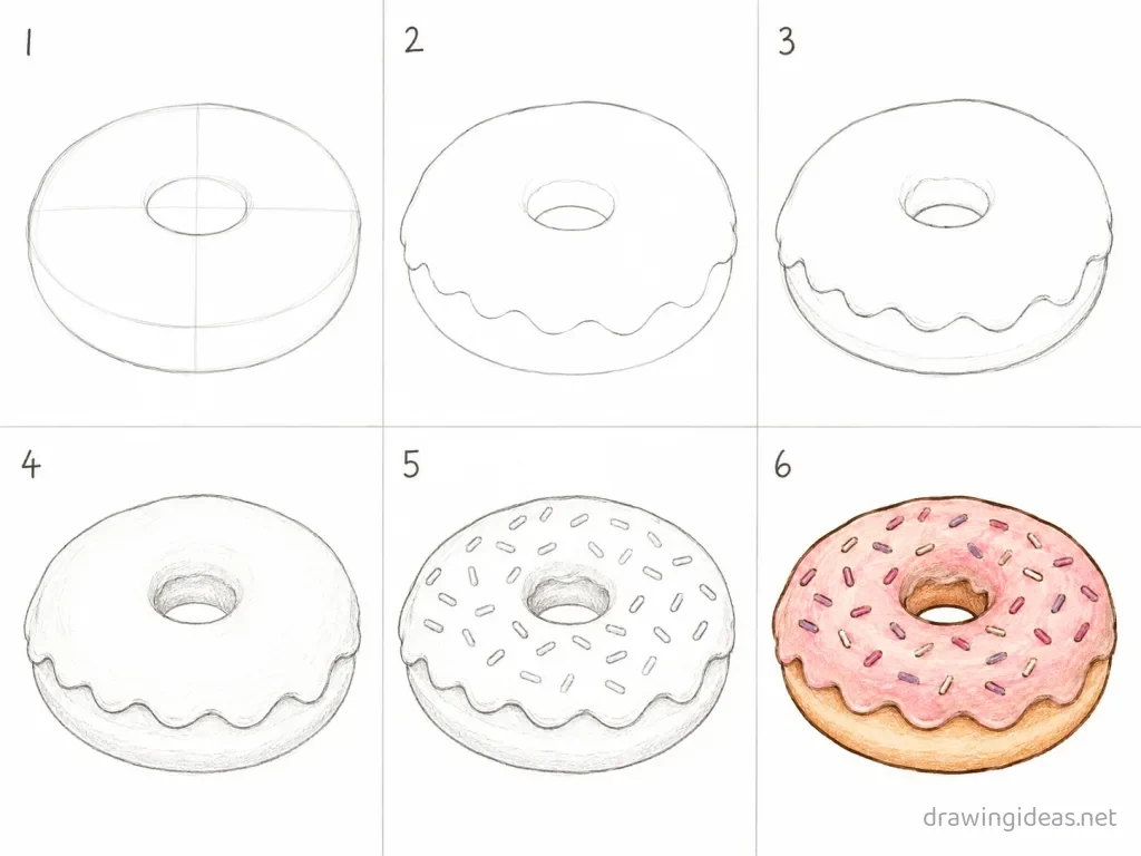 How to draw a donut step by step — 6-step donut drawing tutorial grid