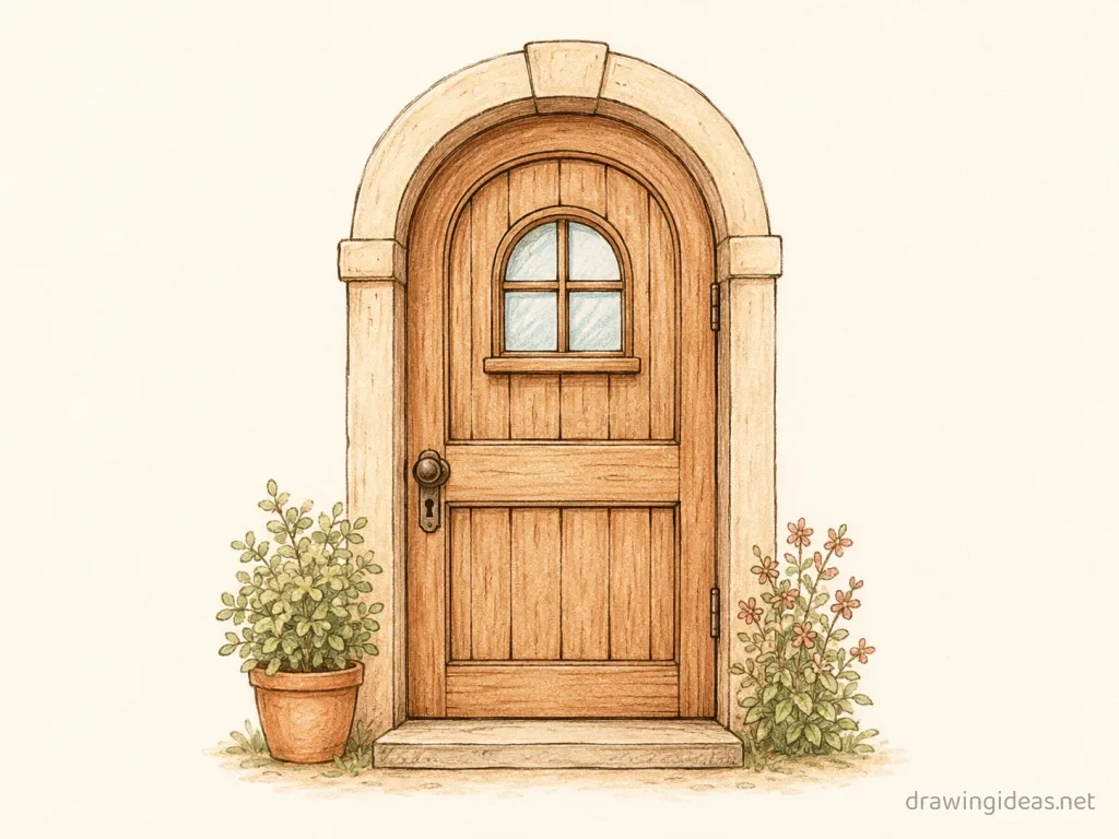 Door drawing — hand-drawn door illustration with ink lines and soft colors