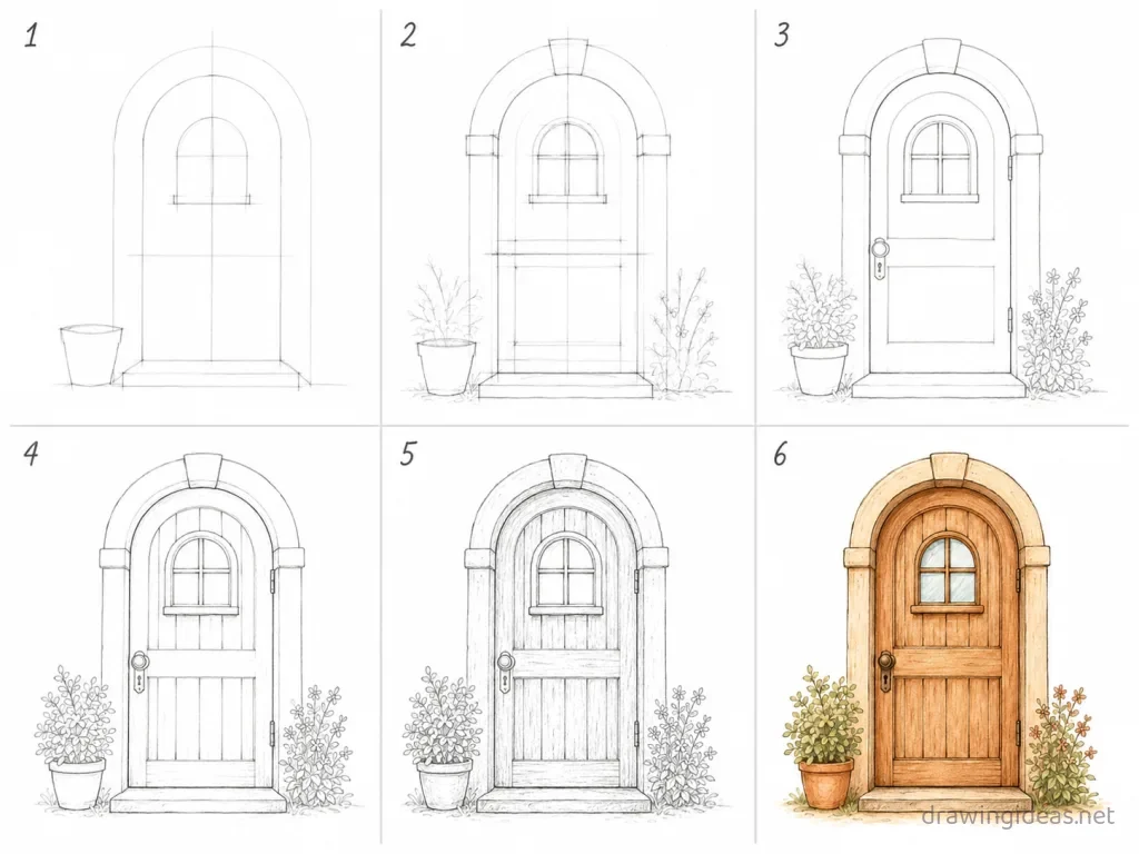 How to draw a door step by step — 6-step door drawing tutorial grid