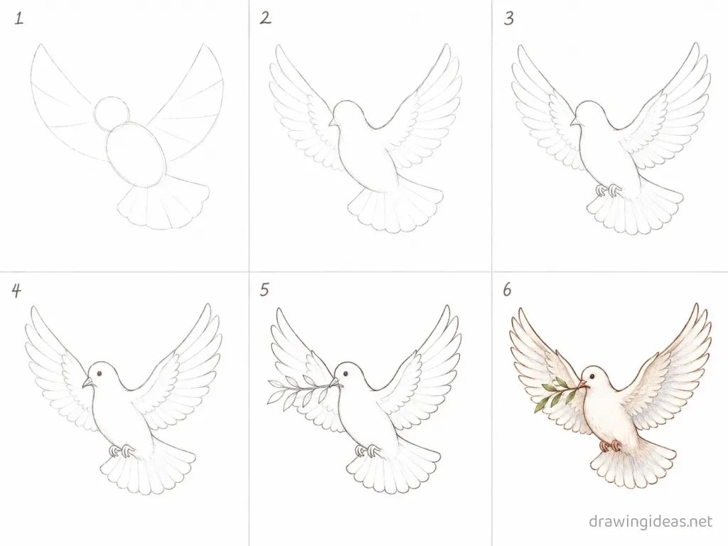 How to draw a dove step by step — 6-step dove drawing tutorial grid
