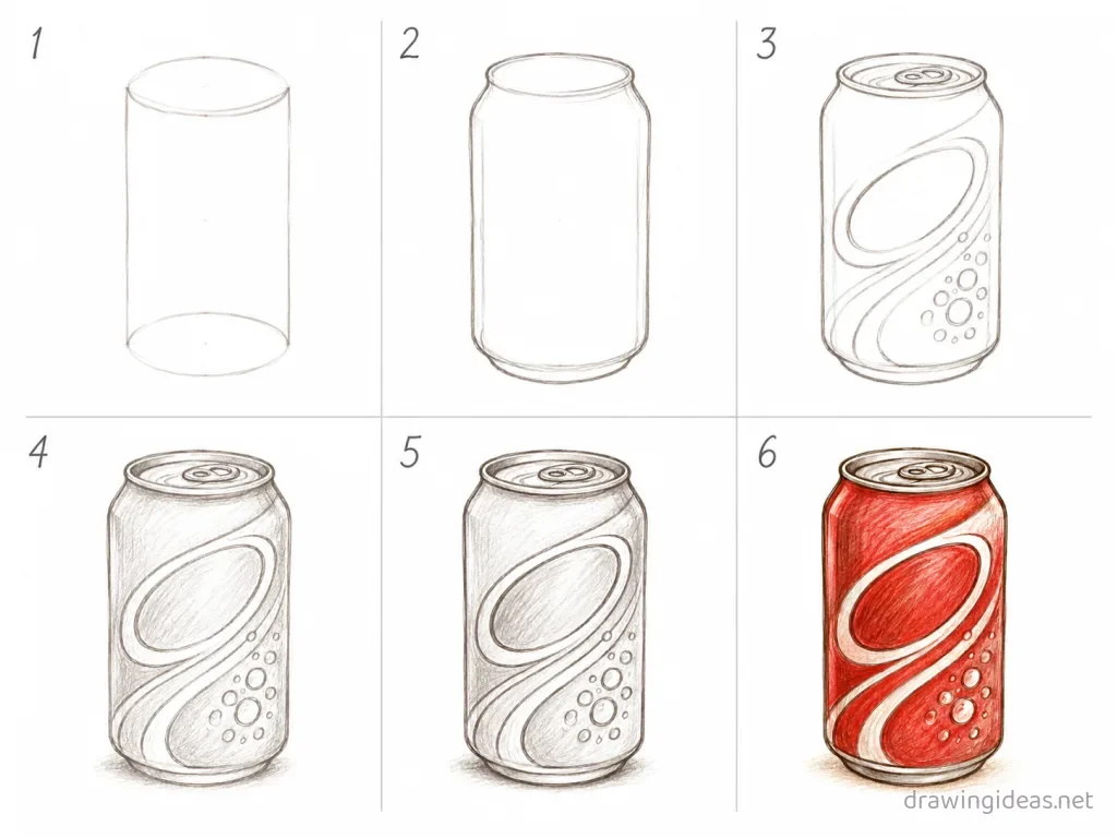 How to draw Dr Pepper step by step — 6-step Dr Pepper drawing tutorial grid