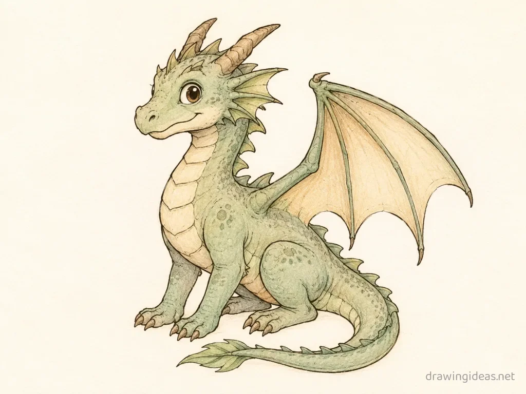 Dragon drawing — hand-drawn dragon illustration with ink lines and soft colors