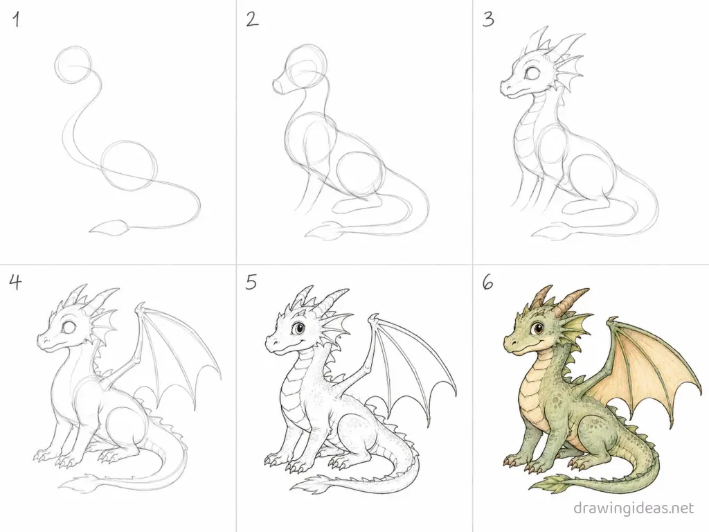 How to draw a dragon step by step — 6-step dragon drawing tutorial grid
