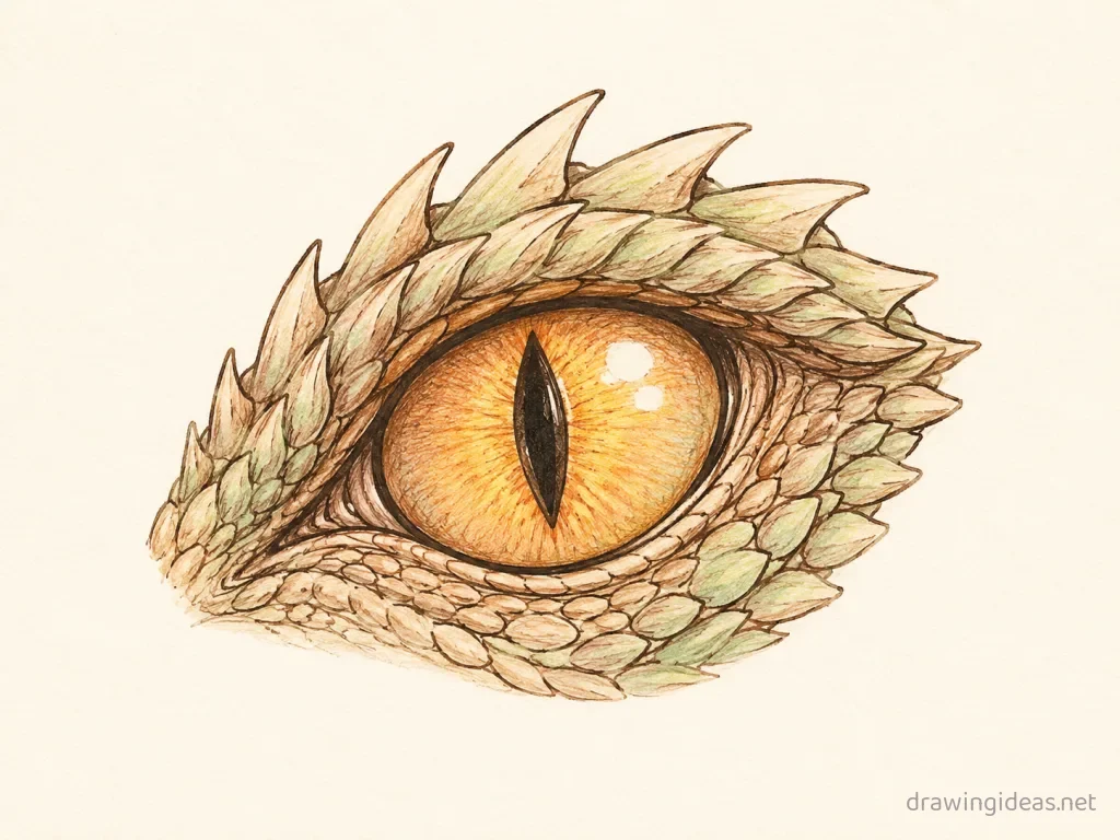 Dragon Eye drawing — hand-drawn dragon eye illustration with ink lines and soft colors