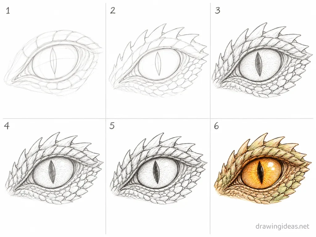 How to draw a dragon eye step by step — 6-step dragon eye drawing tutorial grid