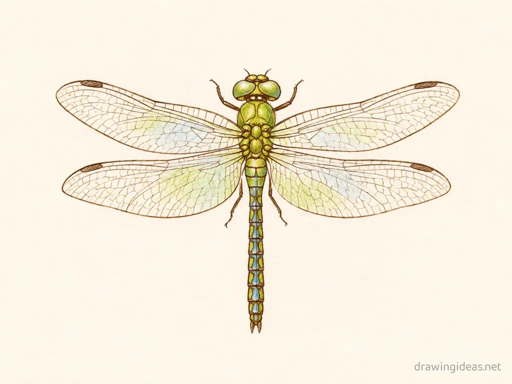 Dragonfly drawing — hand-drawn dragonfly illustration with ink lines and soft colors